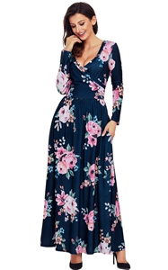 BY61772-5 Navy Floral Surplice Long Sleeve Maxi Boho Dress